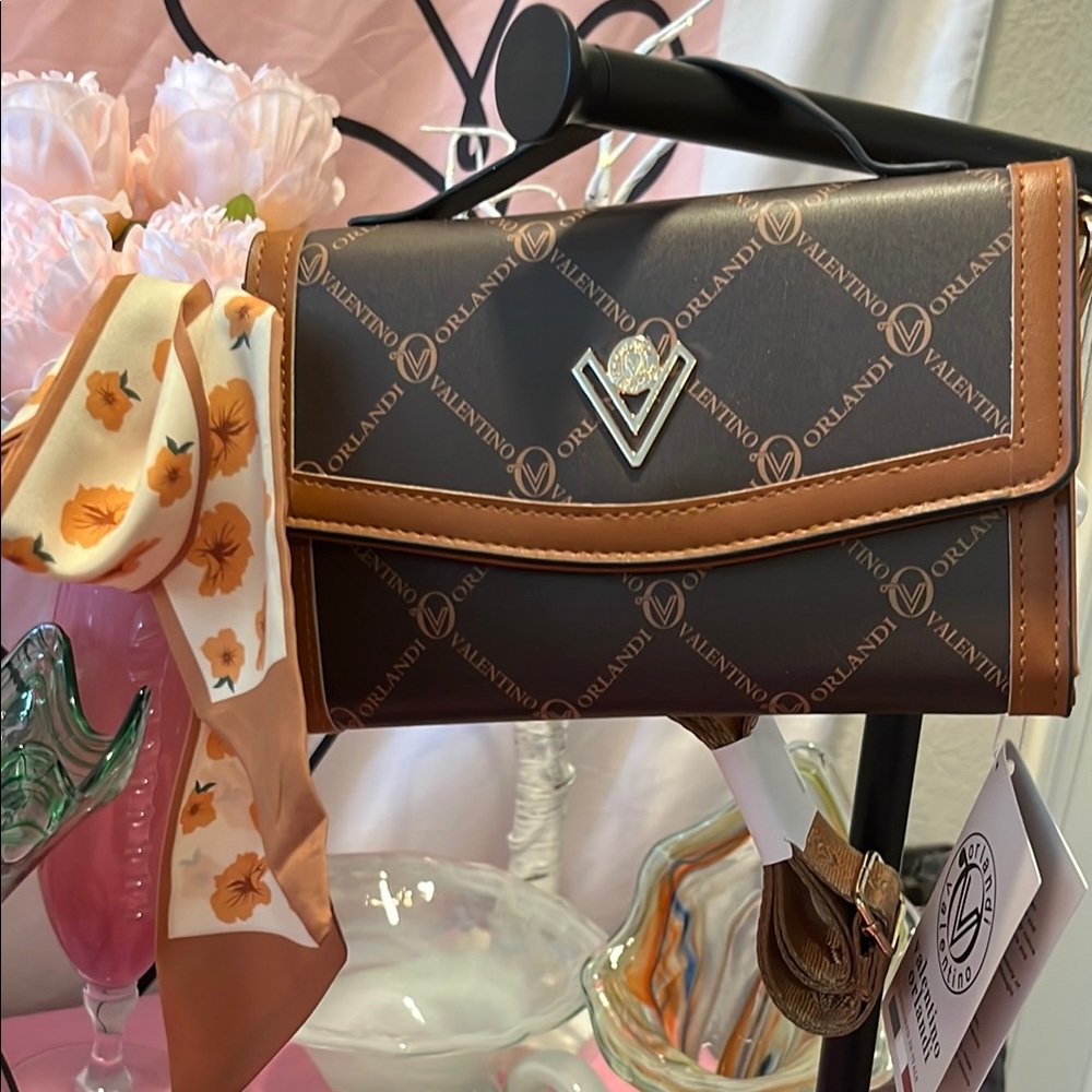 Valentino Orlandi Sophisticated Brown and Tan Wristlet with Gold Detailing